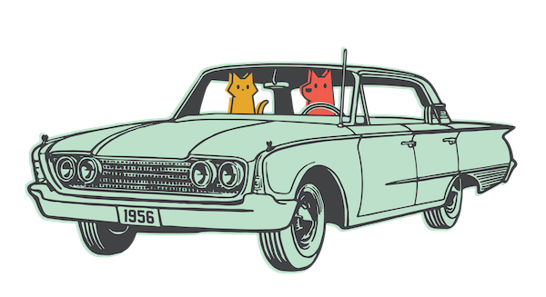 ales for tales retro car with dog and cat